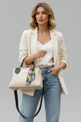 Kadın Fermuarlı, Fularlı Deri Askılı  Gece Ve Gündüz Şık Çanta El ve Omuz Çantası