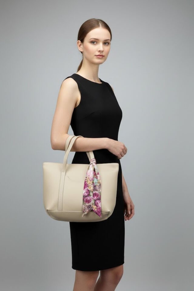Clara Fularlı Cep Detaylı El ve Omuz Çantası 30/35 Cm Ekru