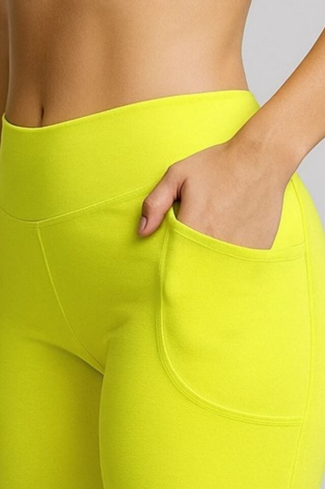 Kadın Neon Yeşil Tek Cepli Push Up Yüksel Bel Toparlayıcı Biker Tayt