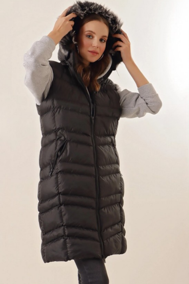 Kadın Siyah Uzun Şişme Yelek