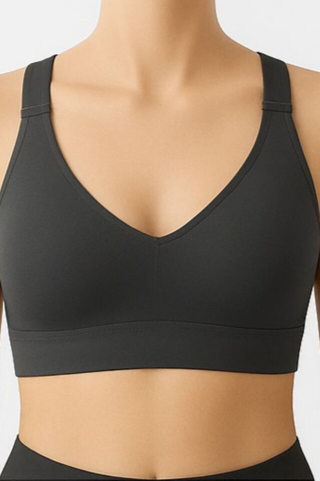 Kadın Antrasit V Yaka Modal Dikişsiz Ayarlanabilir Askılı Lazer Kesim Bralet Sporcu Sütyeni