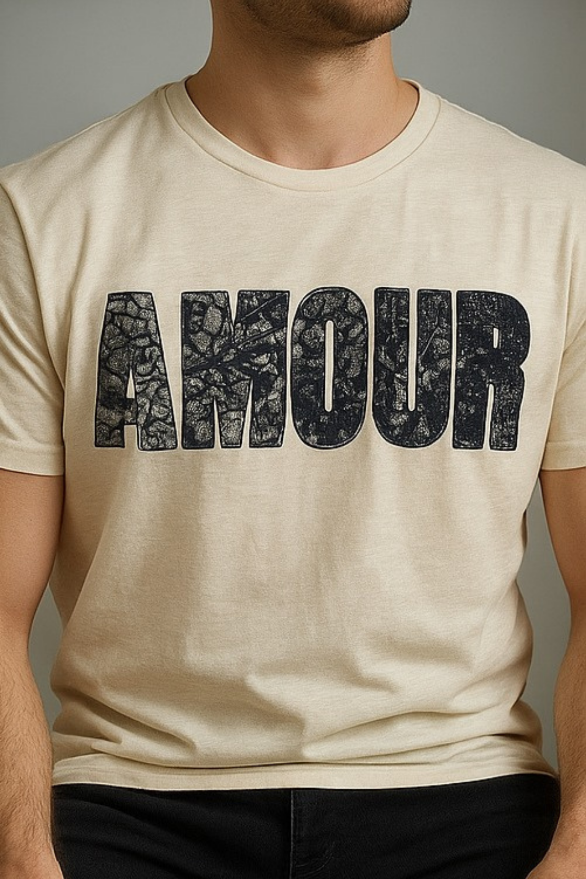 Erkek Ekru Amour Yazı Baskılı Bisiklet Yaka Tişört