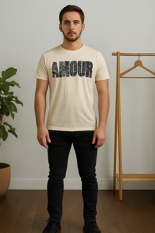 Erkek Ekru Amour Yazı Baskılı Bisiklet Yaka Tişört