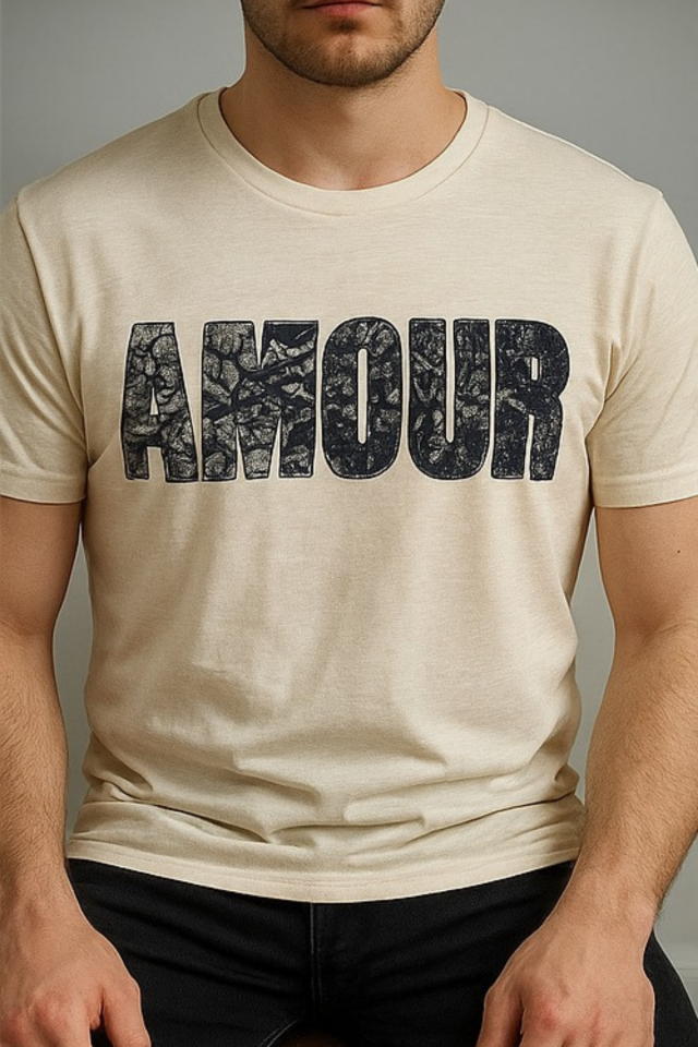 Erkek Ekru Amour Yazı Baskılı Bisiklet Yaka Tişört