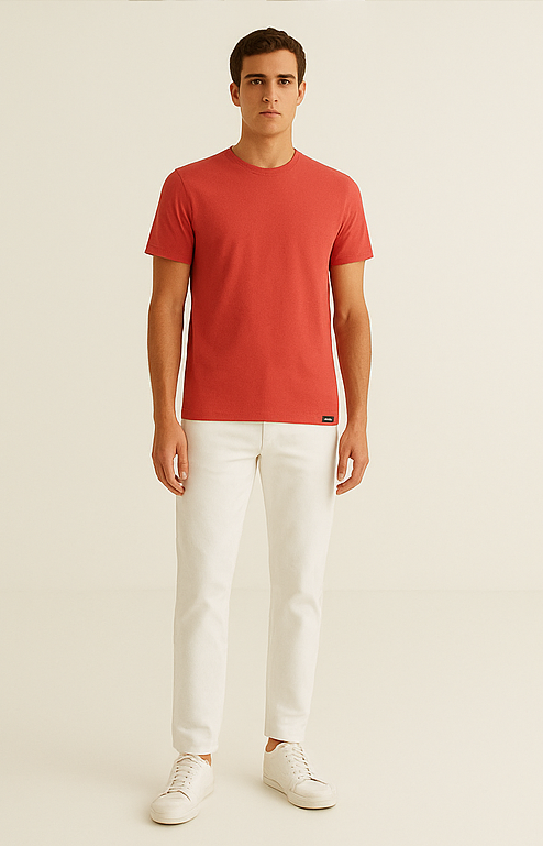 Unisex Nar Çiçeği Rengi Bisiklet Yaka Slim Fit Basic Tişört