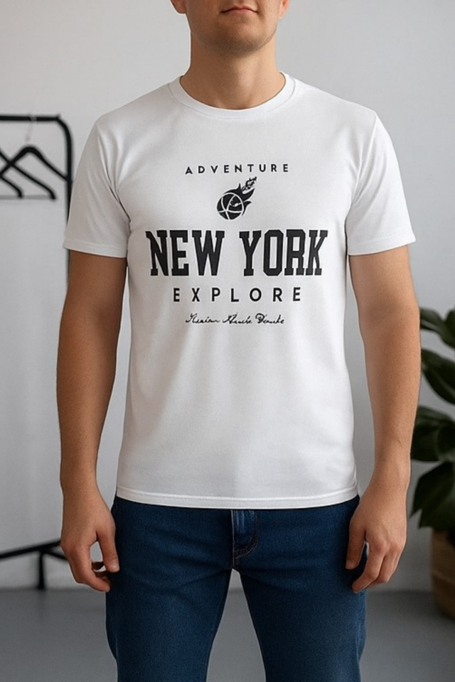 Erkek Şehir Yazı Baskılı Bisiklet Yaka Tişört