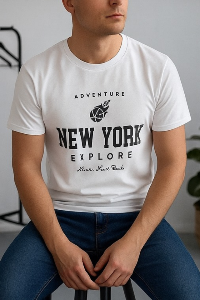 Erkek Şehir Yazı Baskılı Bisiklet Yaka Tişört