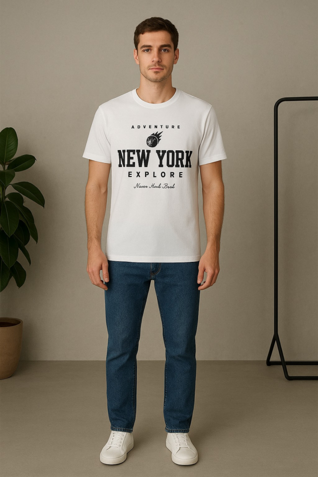 Erkek Şehir Yazı Baskılı Bisiklet Yaka Tişört