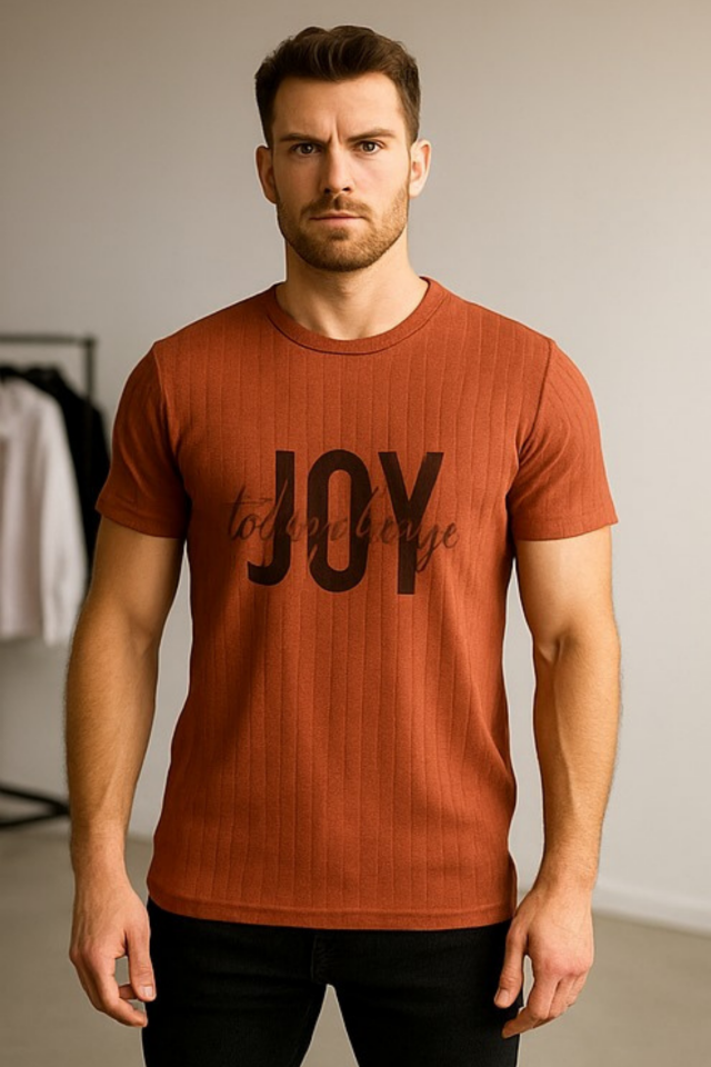 Erkek Kiremit Rengi Rahat Kalıp Önyüzü Baskılı Tişört