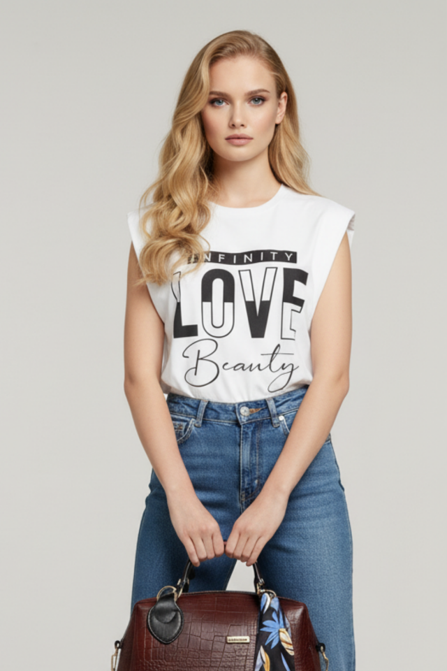 Kadın Love Yazılı Sıfır Kollu Baskılı Tişört