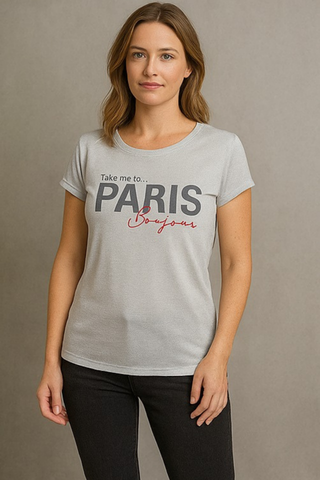 Kadın Gri Simli Paris Yazı Baskılı Tişört Tunik