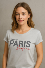 Kadın Gri Simli Paris Yazı Baskılı Tişört Tunik