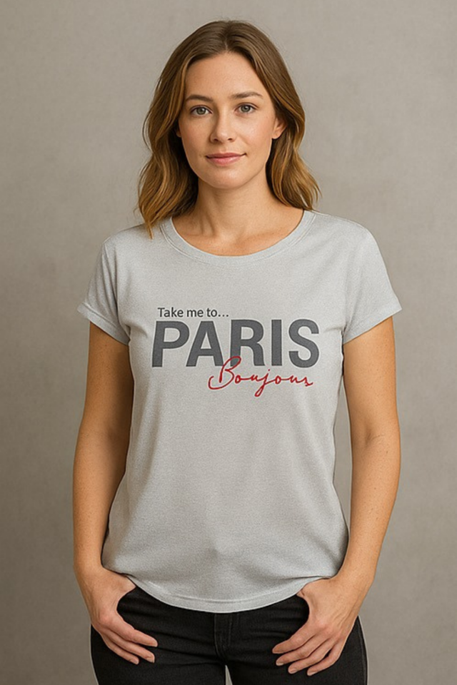 Kadın Gri Simli Paris Yazı Baskılı Tişört Tunik