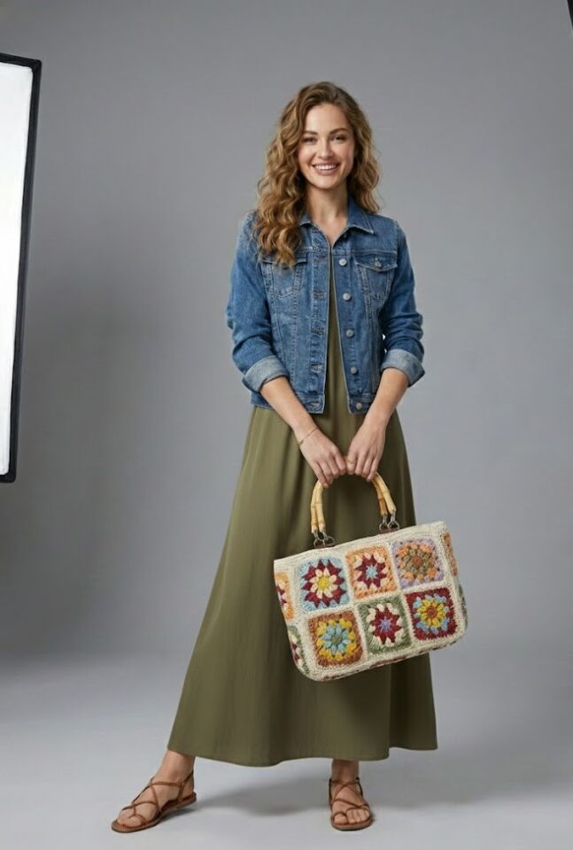 Bambu Saplı Bohem El Örgüsü Motifli Çanta