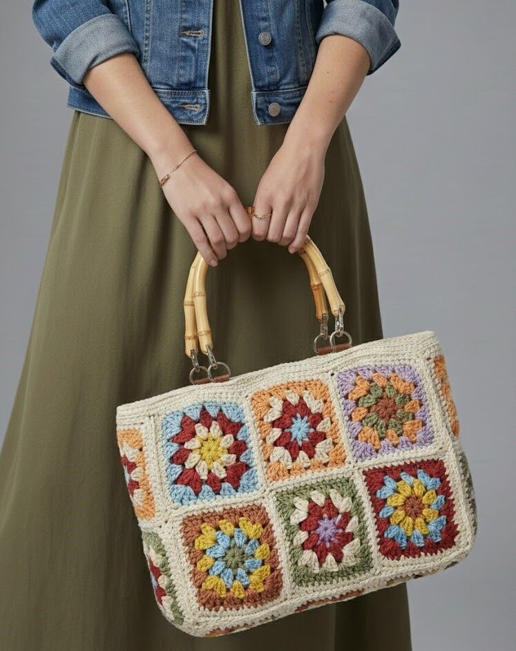 Bambu Saplı Bohem El Örgüsü Motifli Çanta