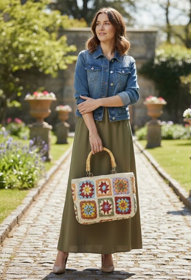 Bambu Saplı Bohem El Örgüsü Motifli Çanta