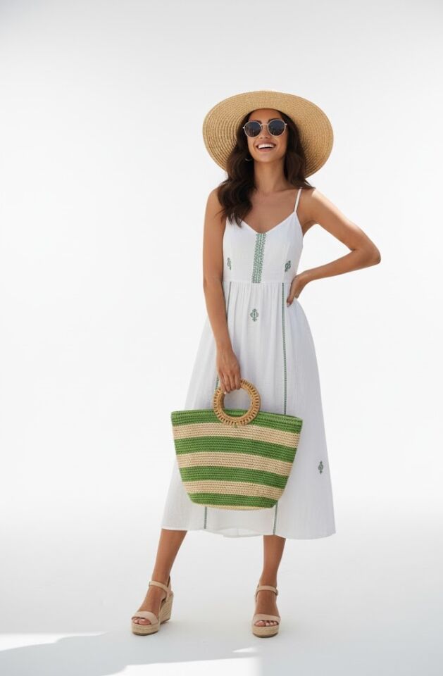 Hasır Dokulu Çizgili Yeşil & Ekru Çanta