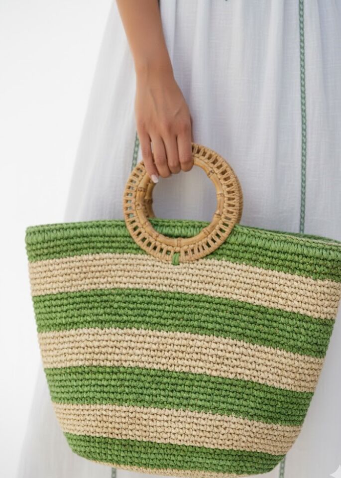 Hasır Dokulu Çizgili Yeşil & Ekru Çanta