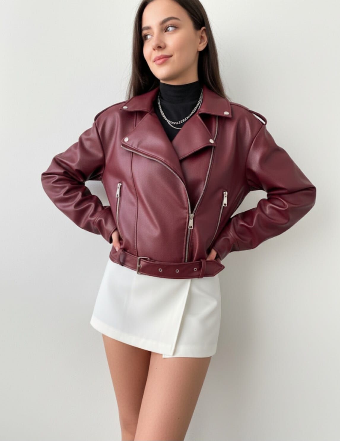 Kadın Fermuar Ve Kemer Detaylı Deri Ceket