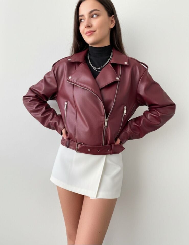 Kadın Fermuar Ve Kemer Detaylı Deri Ceket