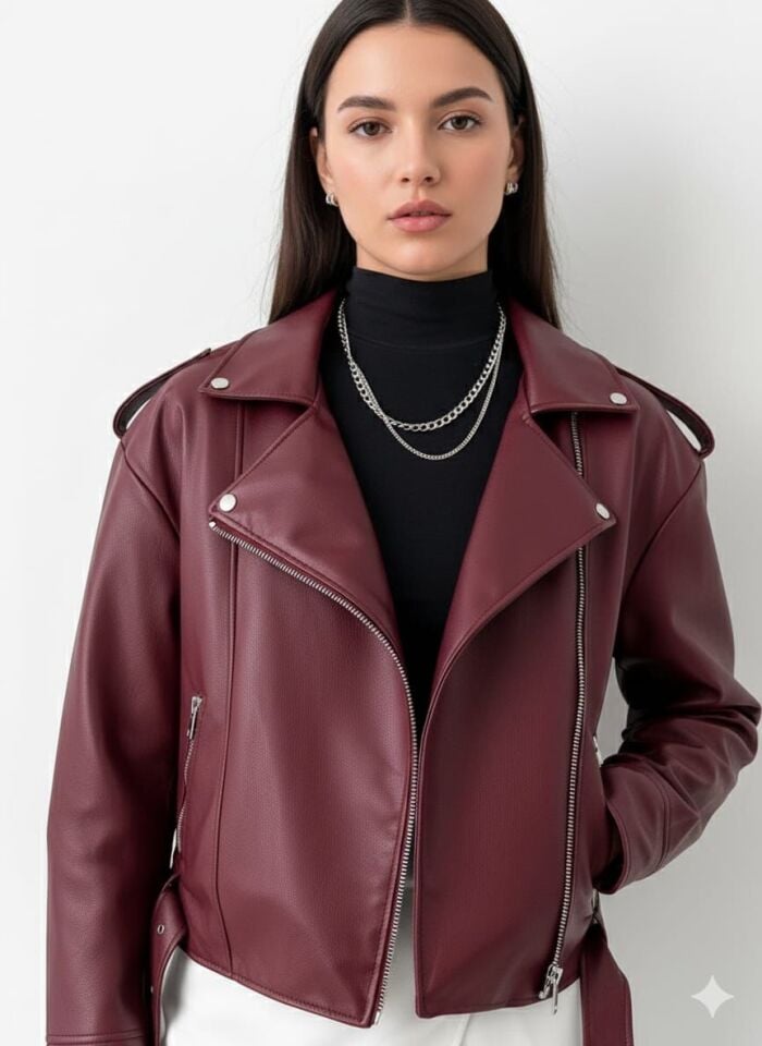 Kadın Fermuar Ve Kemer Detaylı Deri Ceket