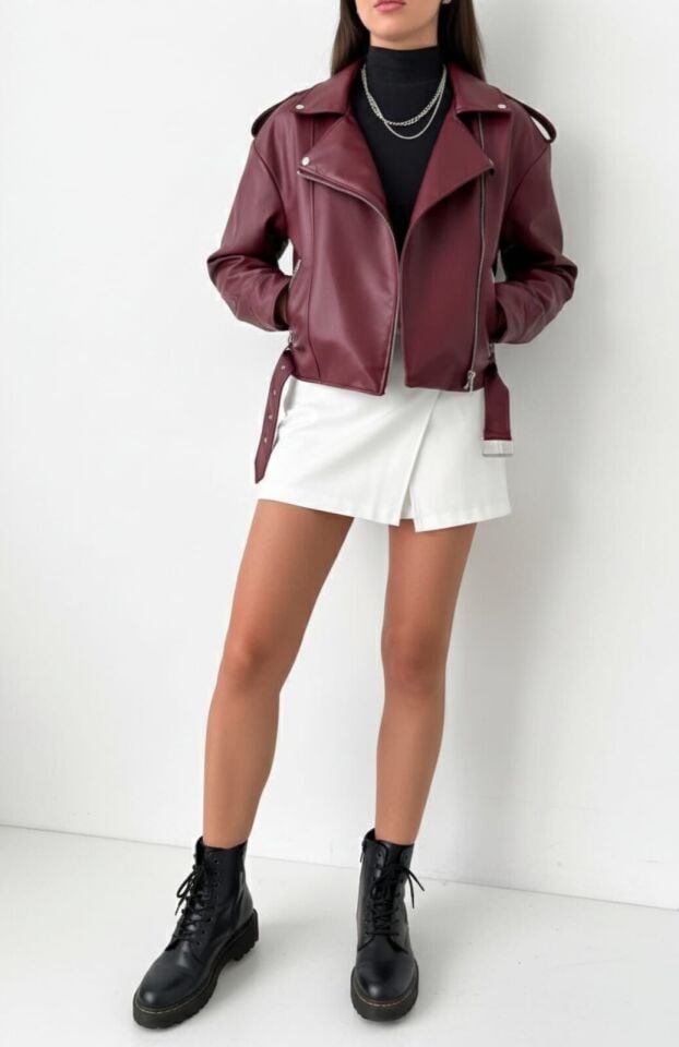 Kadın Fermuar Ve Kemer Detaylı Deri Ceket