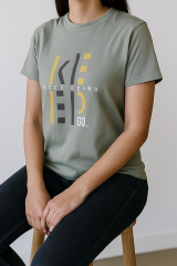 Unisex Haki Bisiklet Yaka Baskılı Tişört