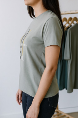 Unisex Haki Bisiklet Yaka Baskılı Tişört