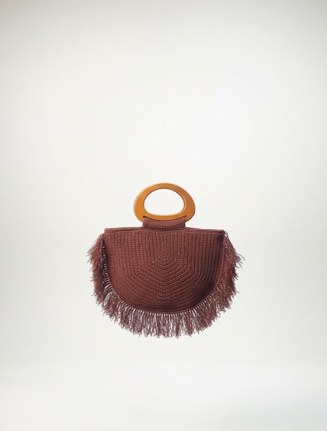 Kahve El Örmesi Püskül Detaylı Yarım Ay Bohem Plaj ve Günlük El Çantası