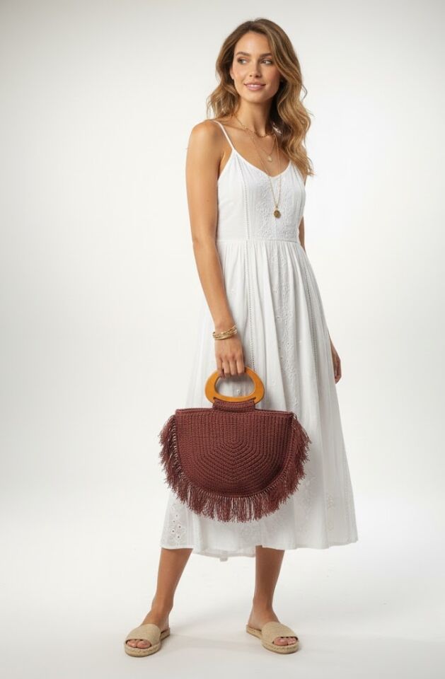 Kahve El Örmesi Püskül Detaylı Yarım Ay Bohem Plaj ve Günlük El Çantası