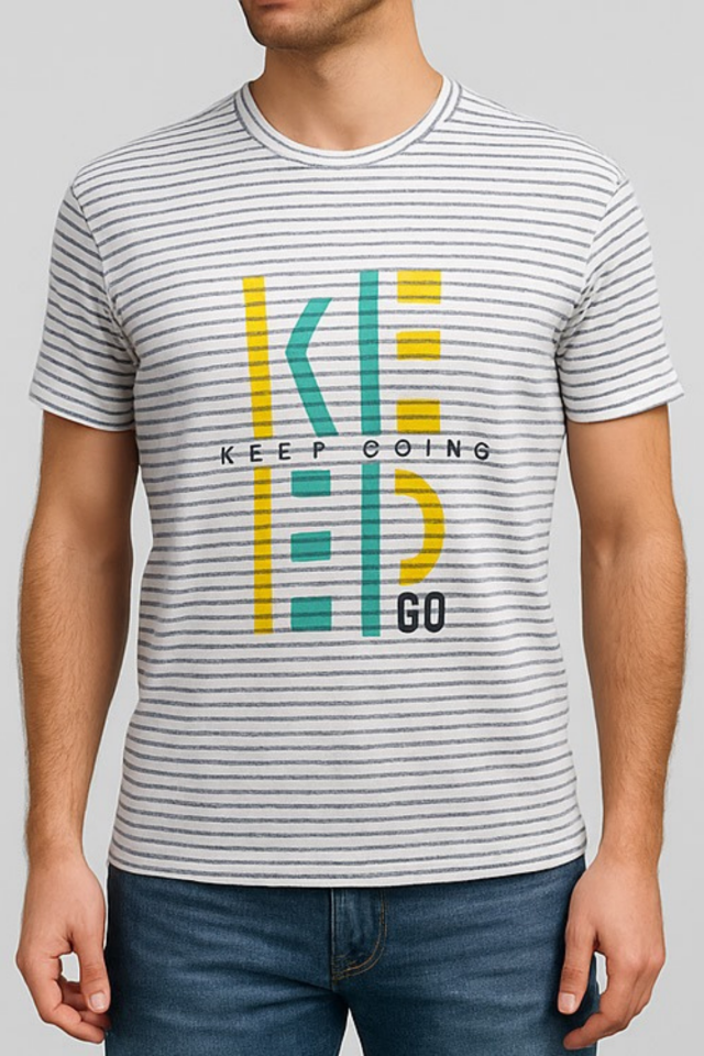 Unisex Çizgi Desenli Bisiklet Yaka Tişört