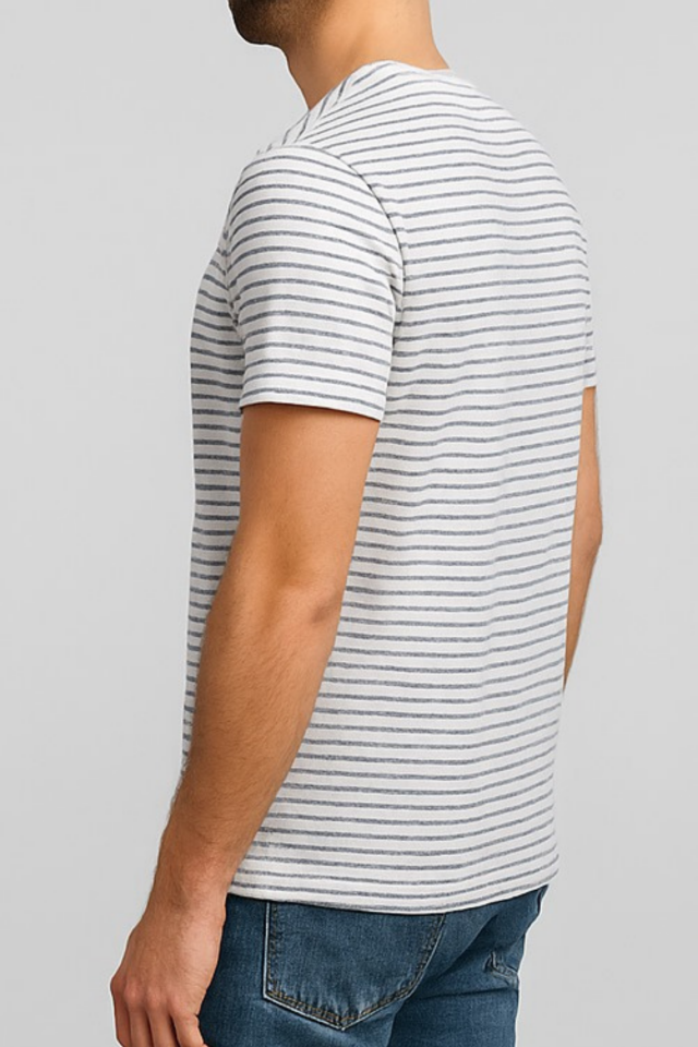 Unisex Çizgi Desenli Bisiklet Yaka Tişört