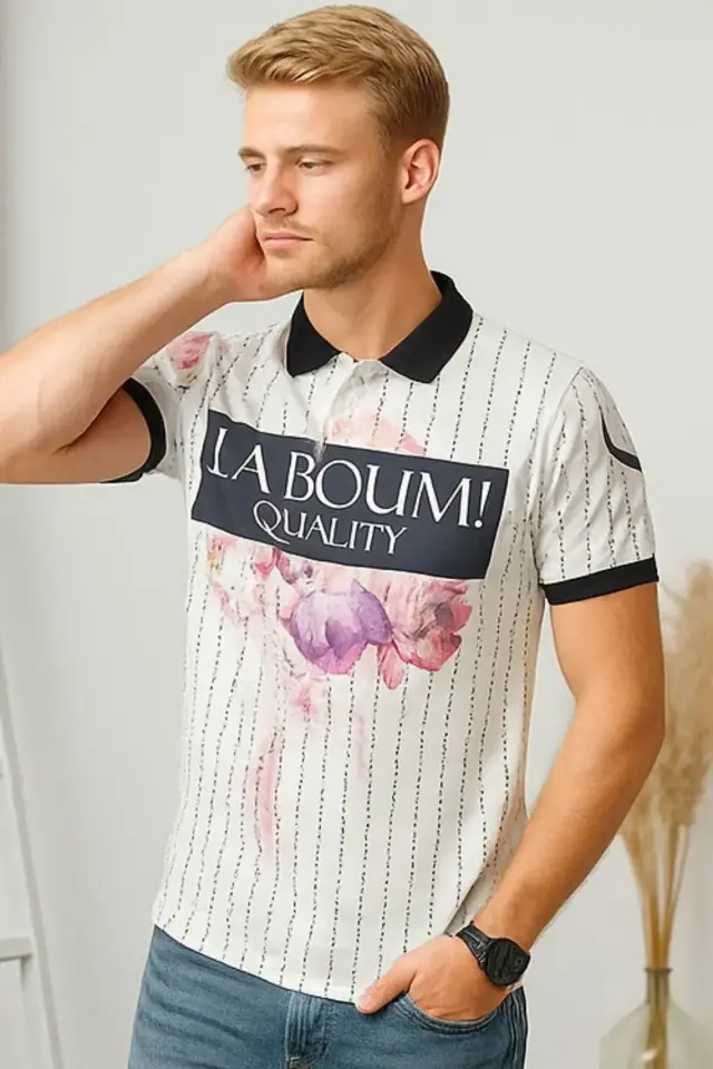 Erkek Beyaz Polo Yaka Çiçek Desenli Kontrast Yaka Slim Fit Tişört