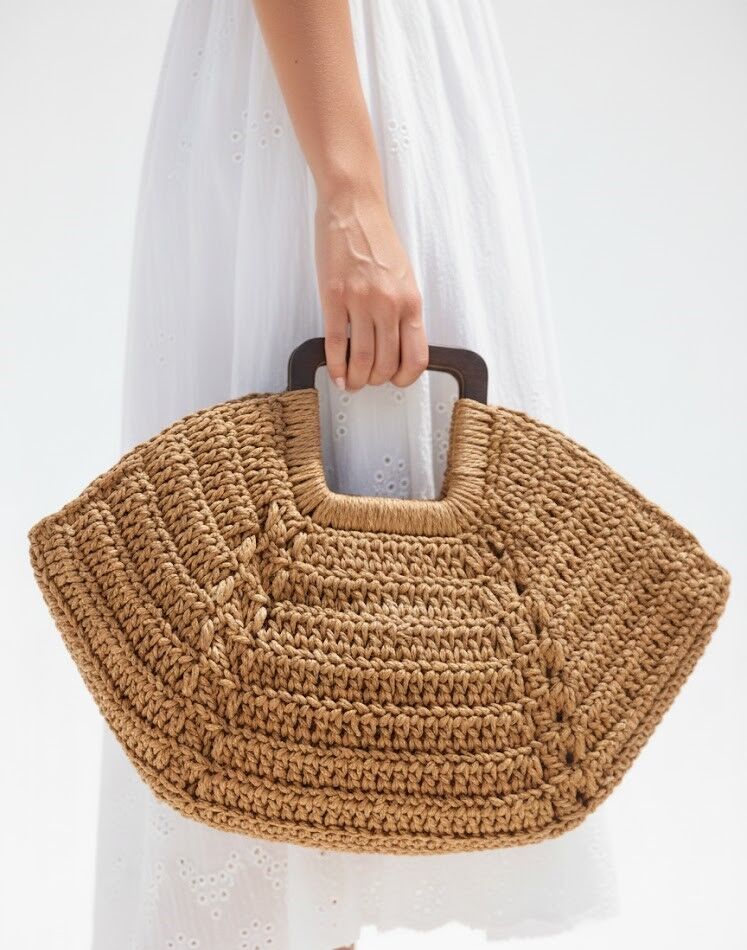 Kadın Kahverengi Ahşap Saplı El Örmesi Hasır Plaj Ve Günlük El Çantası