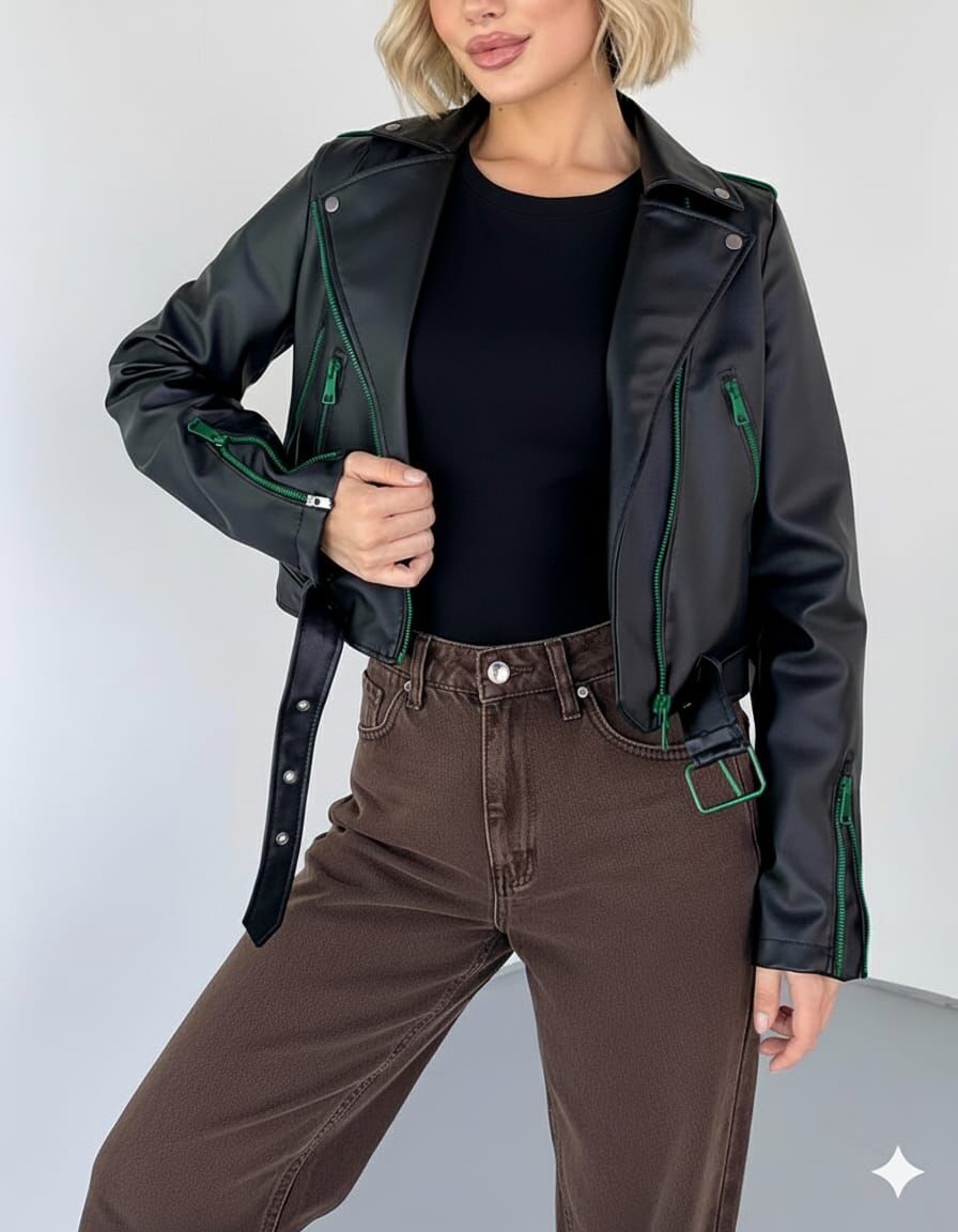 Kadın Çift Fermuar Ve Kemer Detaylı 2 Cepli Deri Ceket