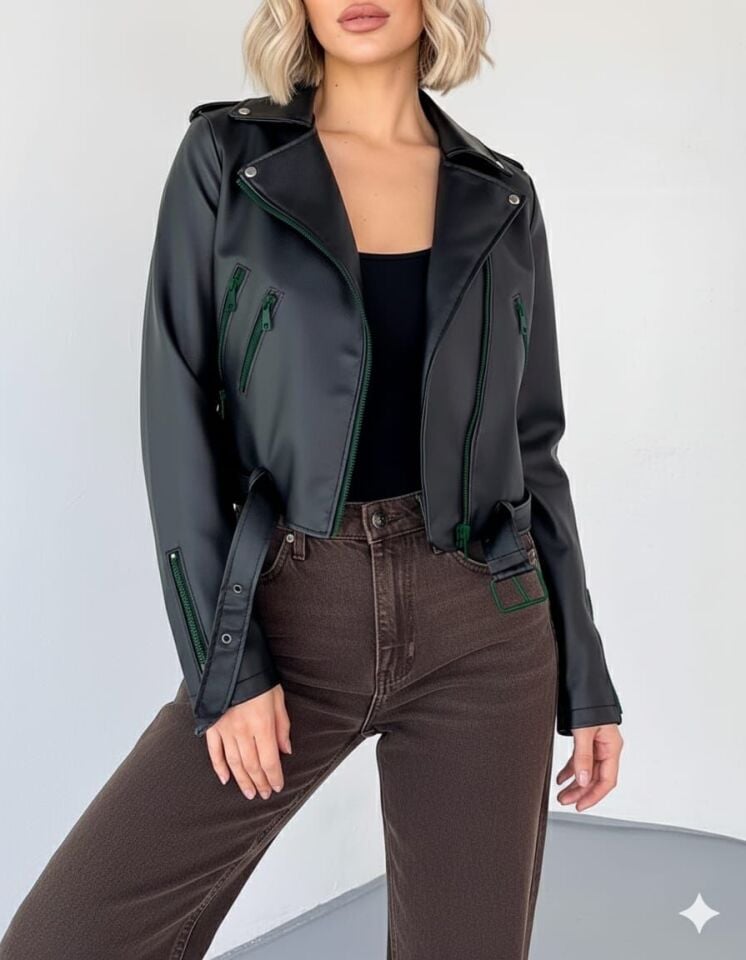 Kadın Çift Fermuar Ve Kemer Detaylı 2 Cepli Deri Ceket