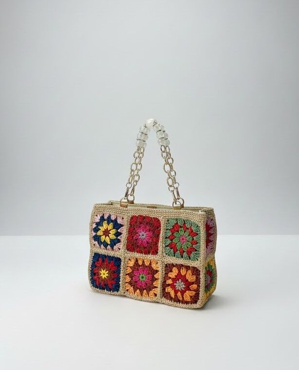 Renkli Motifli El Örgüsü Şık El ve Omuz Çantası