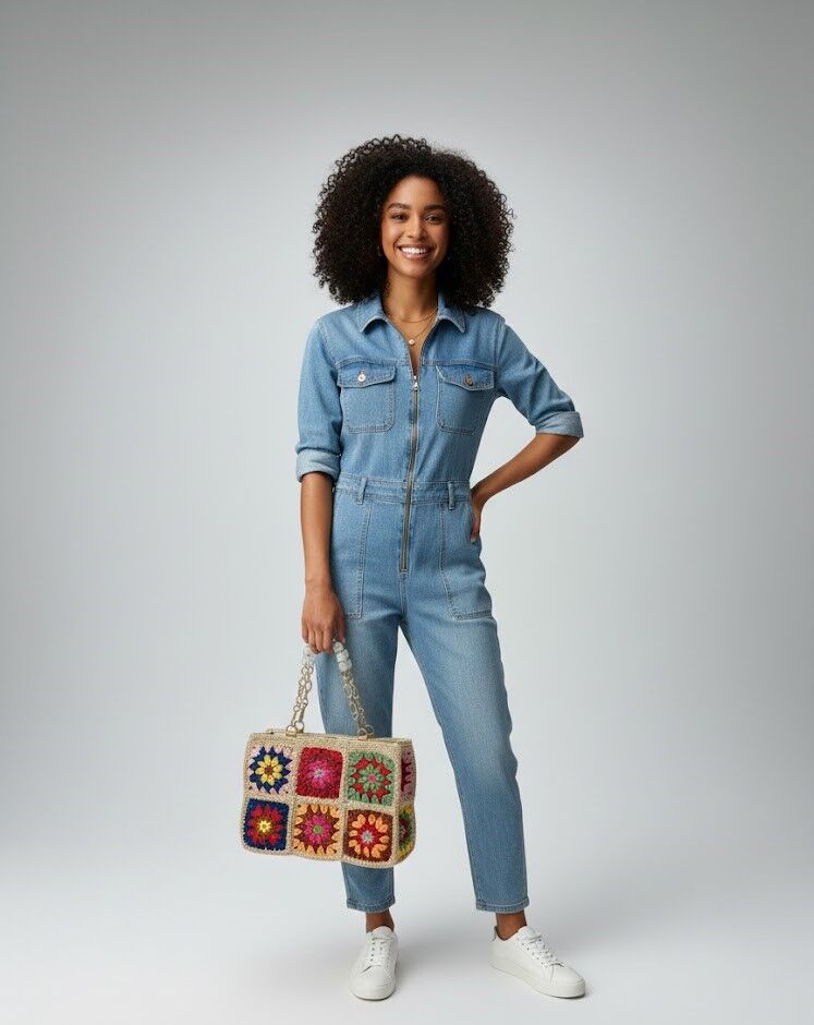 Renkli Motifli El Örgüsü Şık El ve Omuz Çantası