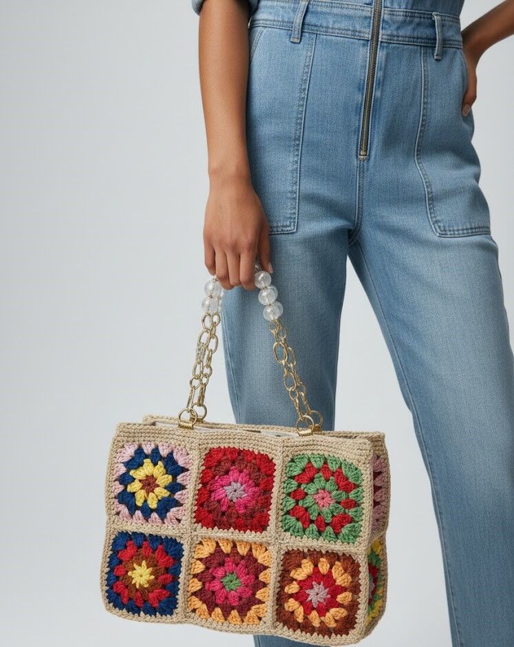 Renkli Motifli El Örgüsü Şık El ve Omuz Çantası