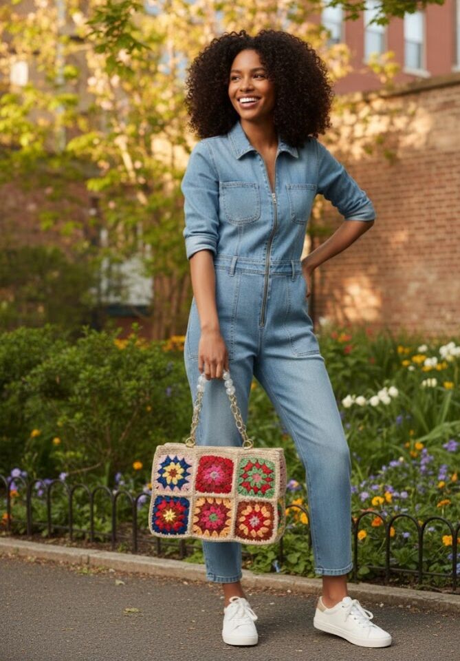 Renkli Motifli El Örgüsü Şık El ve Omuz Çantası