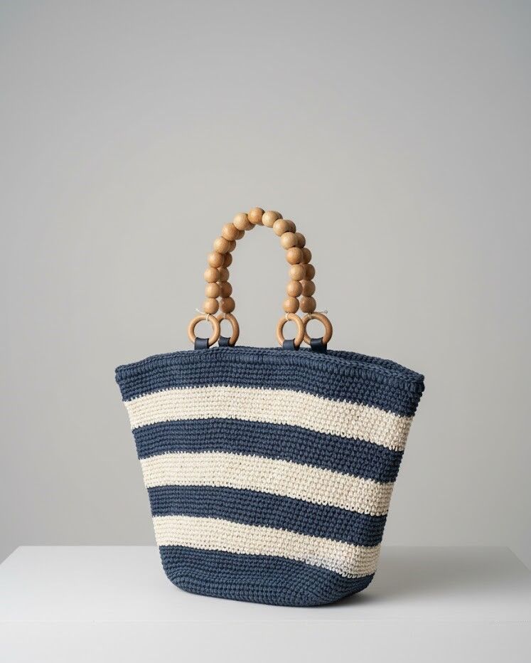 Lacivert-Ekru Çizgili El Çantası