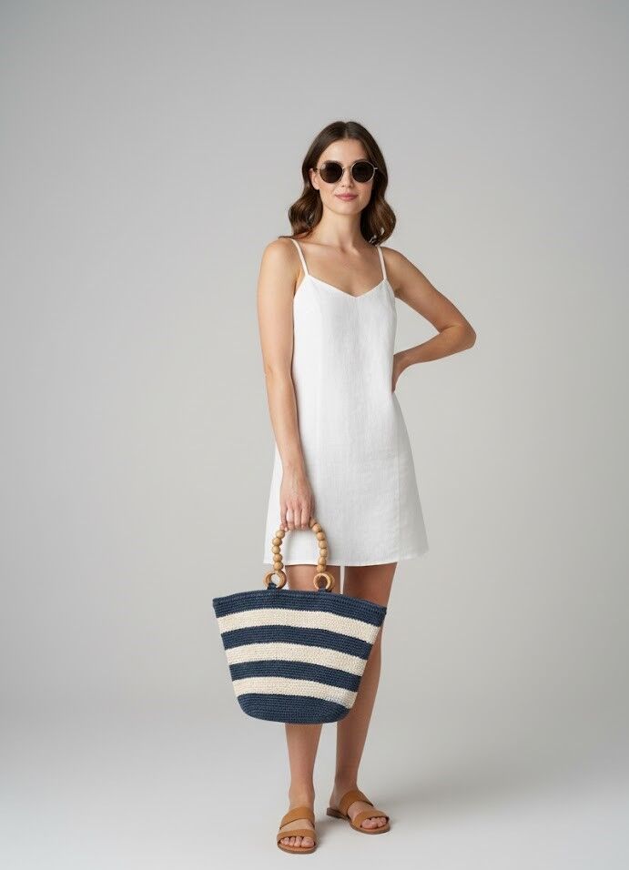 Lacivert-Ekru Çizgili El Çantası