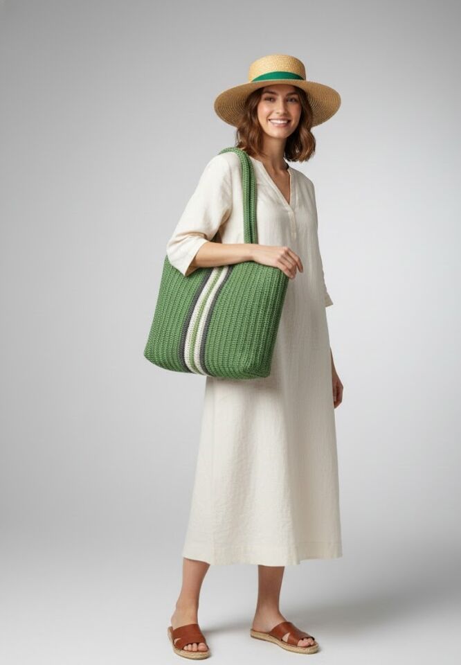 El Örmesi Yeşil Çizgili Tote Çanta