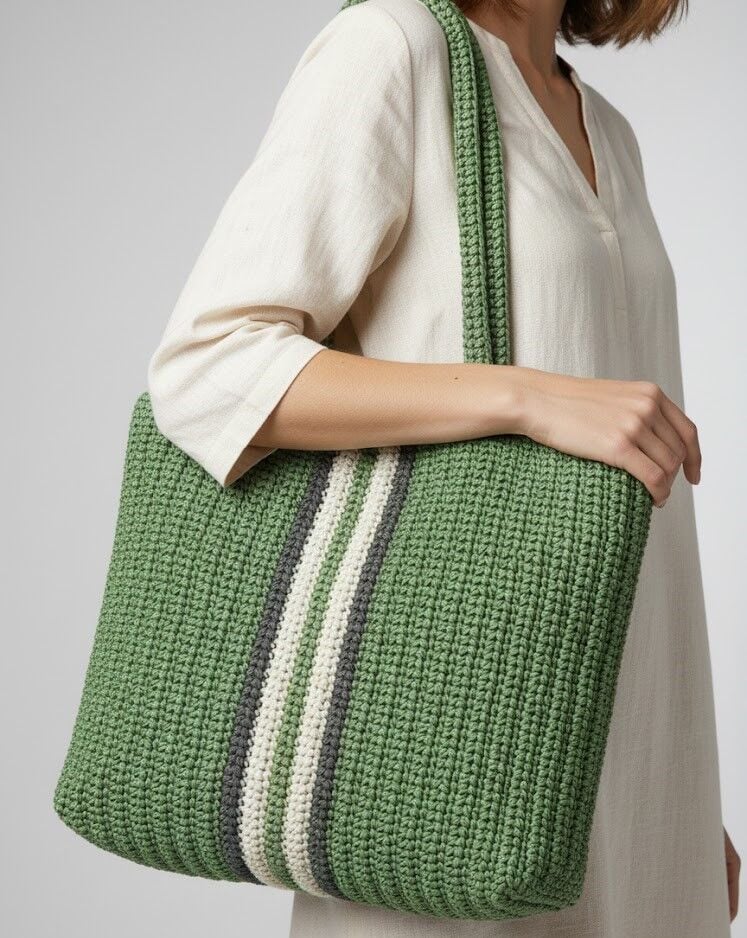 El Örmesi Yeşil Çizgili Tote Çanta