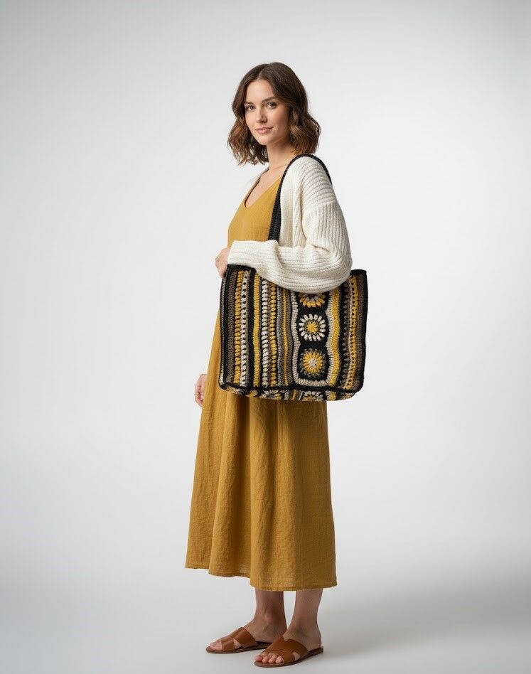 Bohem Esintili El Örgüsü Retro Tote Çanta