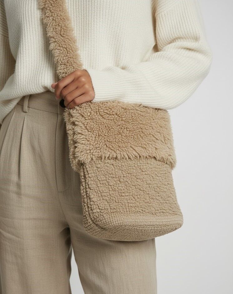 Bej Peluş Detaylı Örme Omuz Çantası