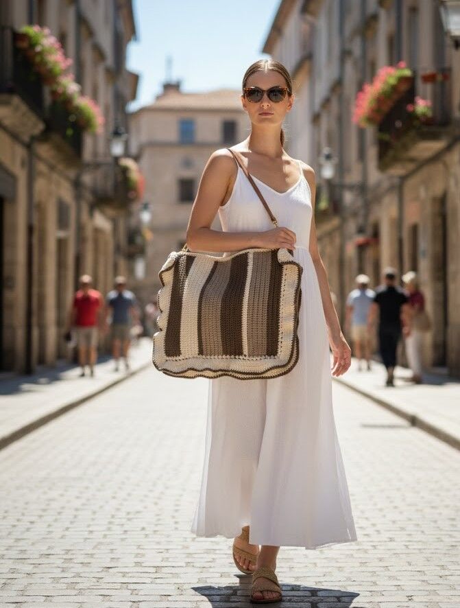 Geniş Hacimli Çizgili Örgü Plaj ve Şehir Çantası