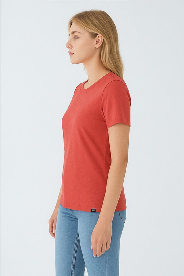 Unisex Nar Çiçeği Rengi Bisiklet Yaka Slim Fit Basic Tişört Nar Çiçeği - L