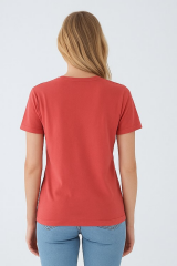 Unisex Nar Çiçeği Rengi Bisiklet Yaka Slim Fit Basic Tişört Nar Çiçeği - L