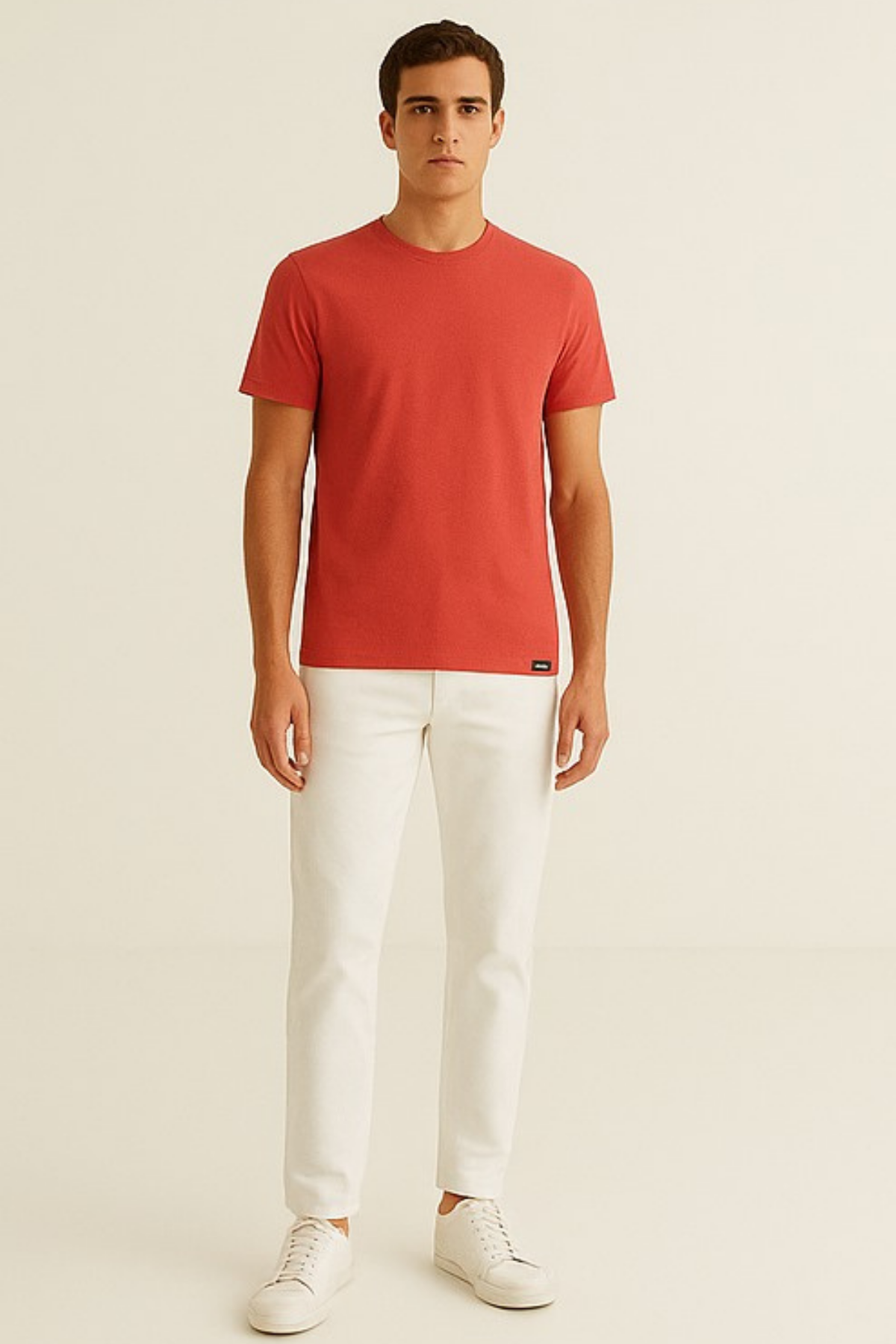 Unisex Nar Çiçeği Rengi Bisiklet Yaka Slim Fit Basic Tişört Nar Çiçeği - L